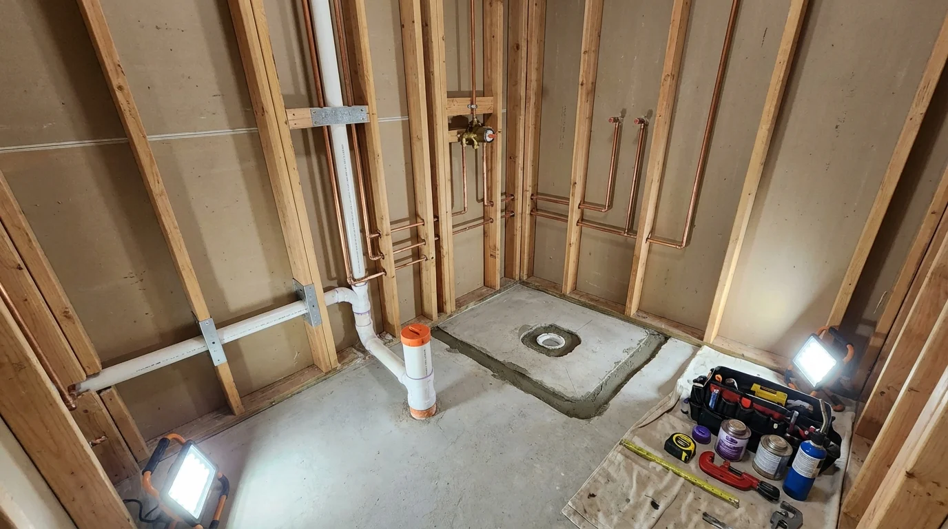 Bathroom rough-in plumbing during remodel by Johns Plumbing LLC in Brockton