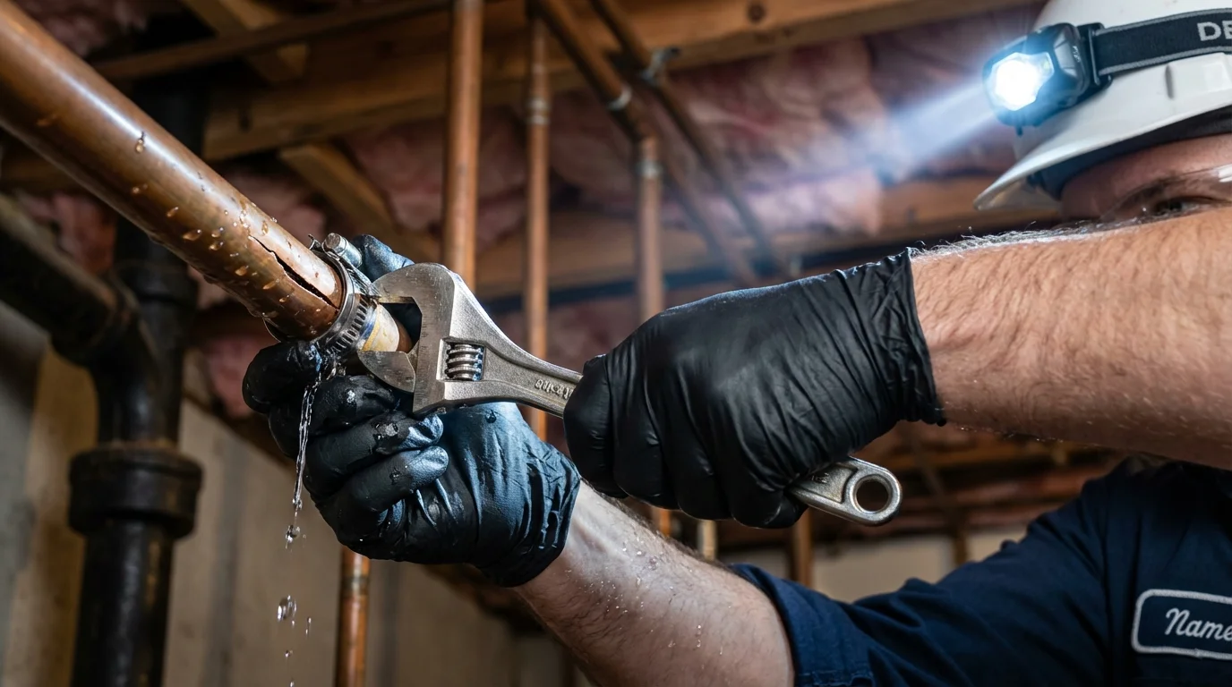 Emergency pipe clamp repair being performed by a Johns Plumbing LLC plumber in Brockton