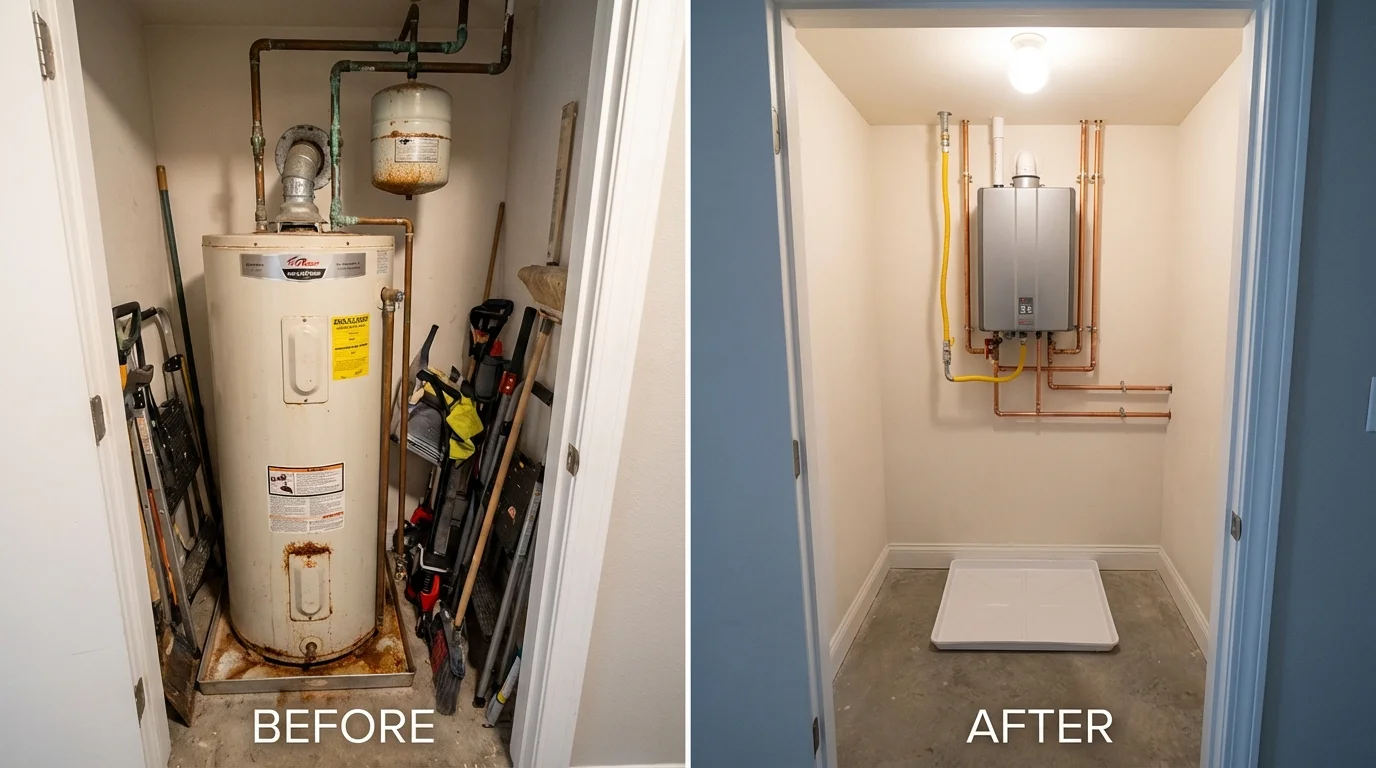 Tank water heater versus wall-mounted tankless unit comparison for Brockton, MA homeowners