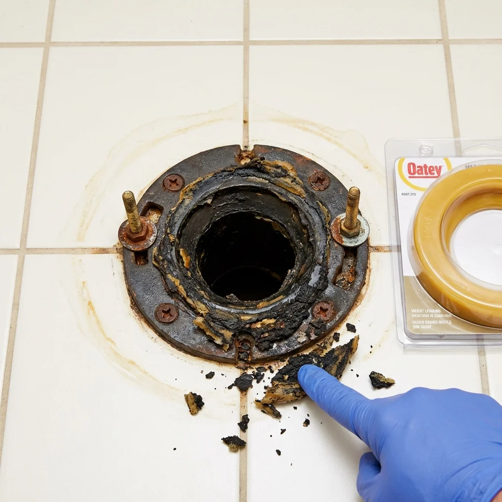 Failed wax ring showing water seepage at the base of a toilet in a Brockton, MA home