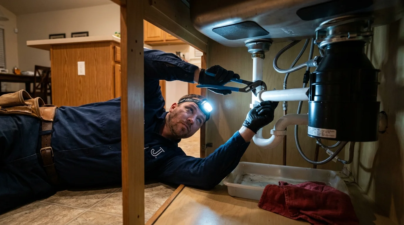 P-trap and supply line connections under a kitchen sink showing a common leak point in Brockton, MA